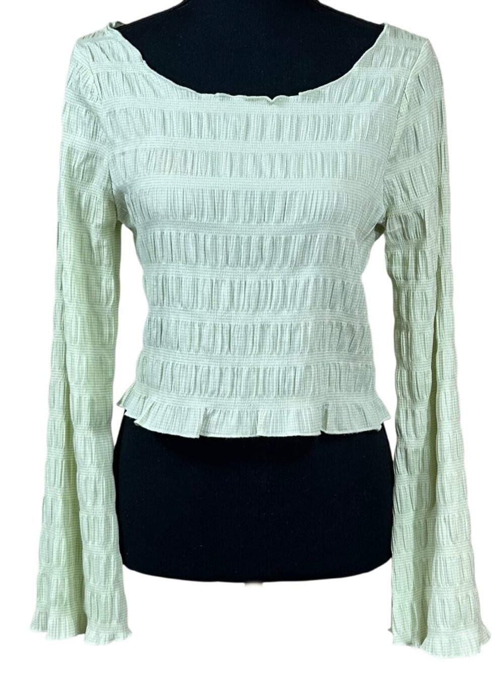 Kendall & Kylie Light Green Long Bell Sleeve Smocked Cropped Top Size S